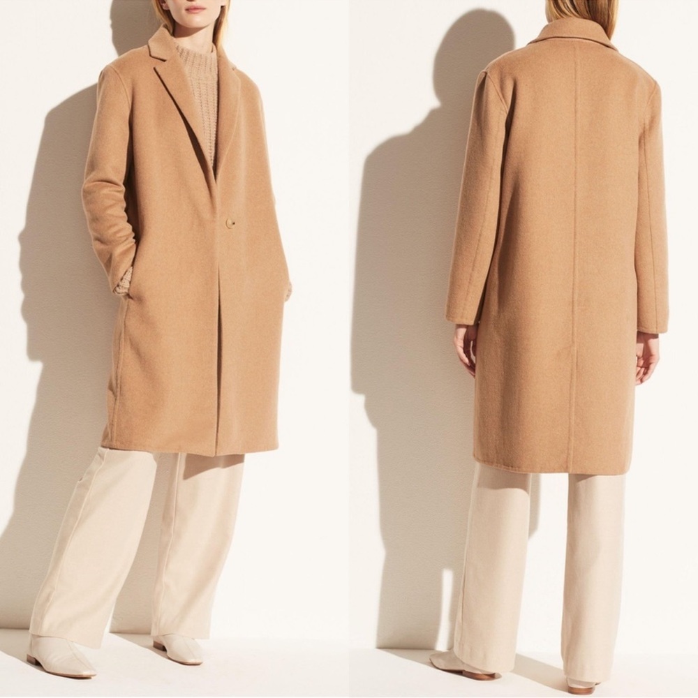 Vince Classic Tan Wool-Blend Straight Camello Coat Style #264983